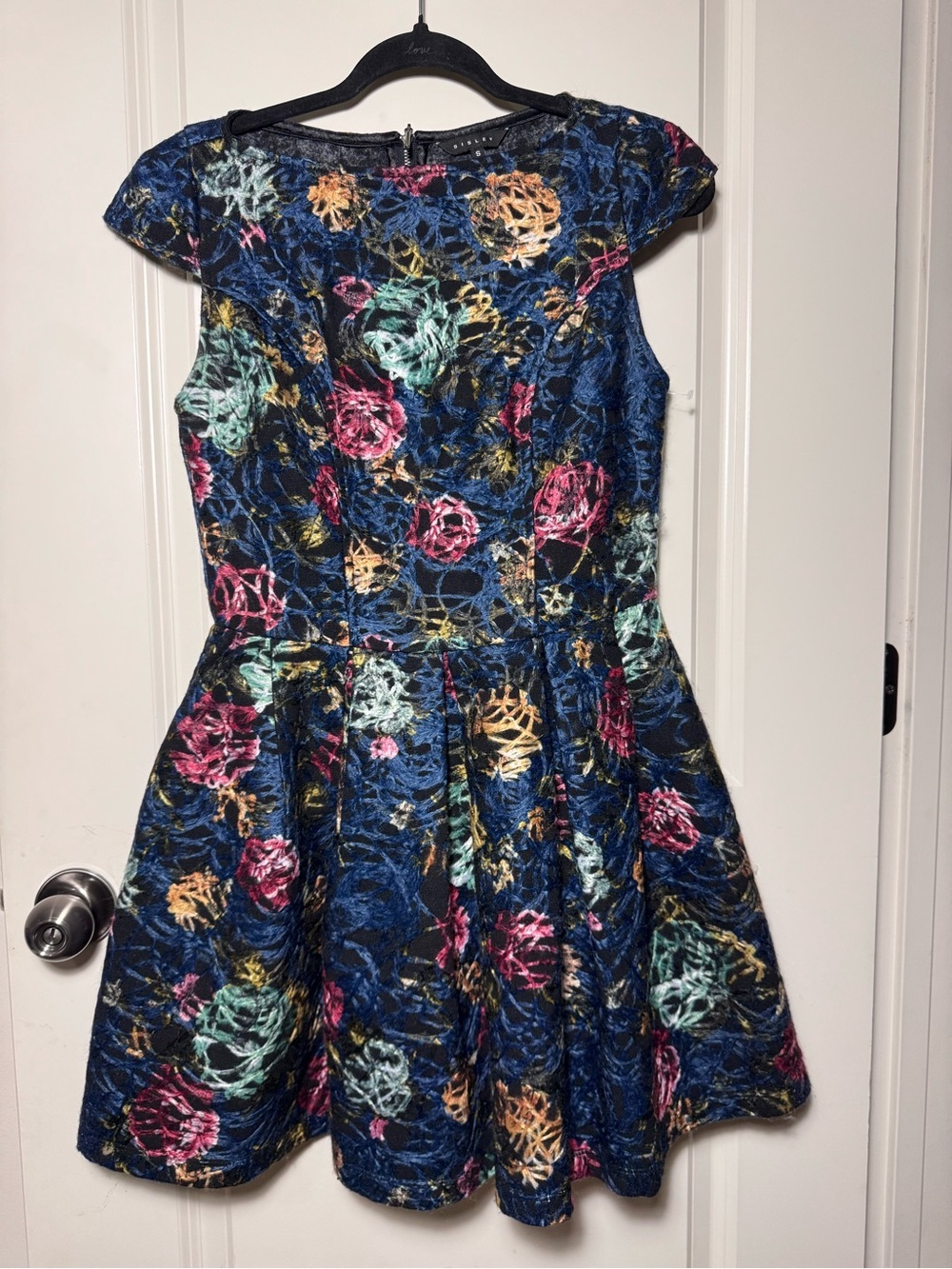 Sisley Fit & Flare Dress S Blue Multicolor Floral Jacquard Lined Zip Cap small